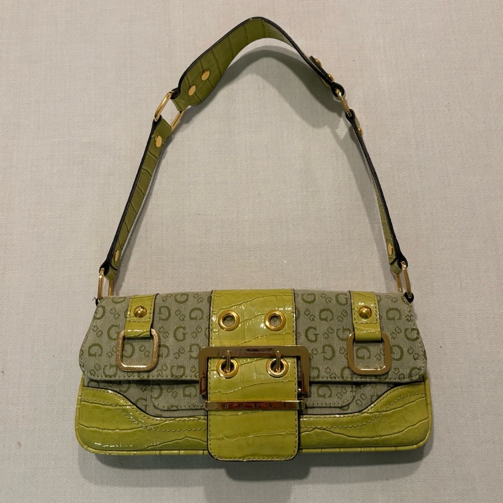 Vintage GUESS Y2K Green Shoulder Bag Monogram Brass Buckle Purse Croc Pattern